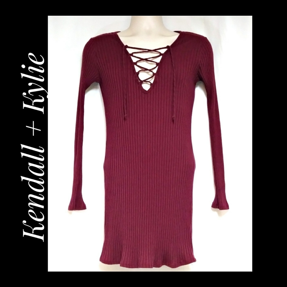 Kendall + Kylie Rib Knit Dress Maroon Size Large